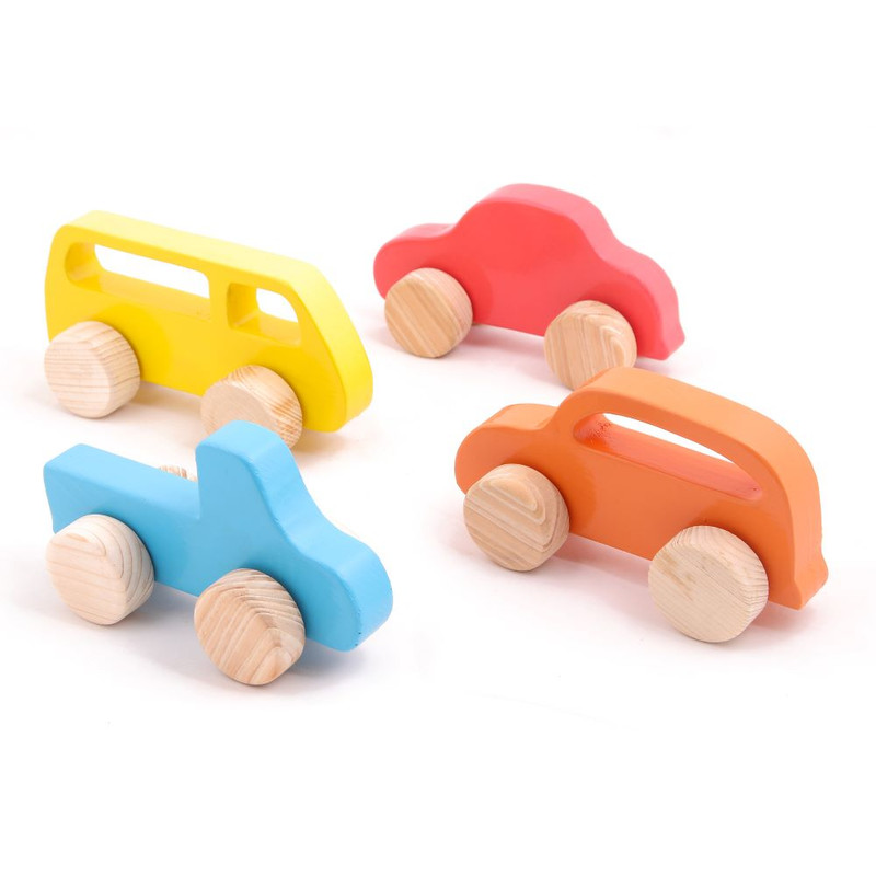 Wooden Combo - Push Toys Car, Pick-up Car, Van and Taxi (4 Pieces) - Muliticolour